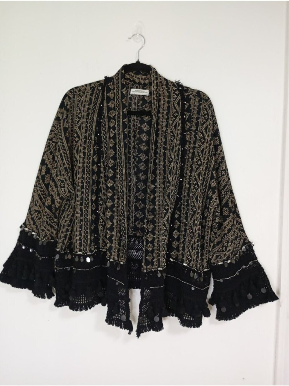 Zara Woman Premium Embroidered Open Front Kimono Crochet Trim Sequin Details M